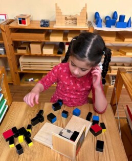 Lyonsgate Montessori School Casa student working at solving the Montessori Trinomial Cube that develops spatial reasoning at this age.