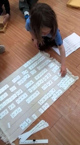 Lyonsgate Montessori School Casa student using the Montessori Small Moveable Alphabet material to create sentences.