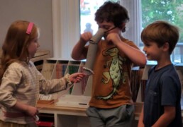 Lyonsgate Montessori School Elementary students helping the elephant in a French play.