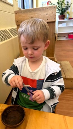 Lyonsgate Montessori School Toddler student practicing using scissors to build fine motor skills and concentration.