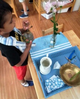 Lyonsgate Montessori School Casa student applying the final touch to his flower arranging work.